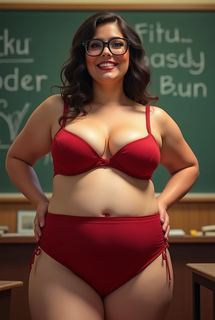 28 years old women Russian mature cute beautiful perfect face smiling big huge bell shape thick thighs wearing sexy belly piercing wearing total coral colour bikini standing on classroom blackboard wearing sexy  shoes pose back side  and face proper visible