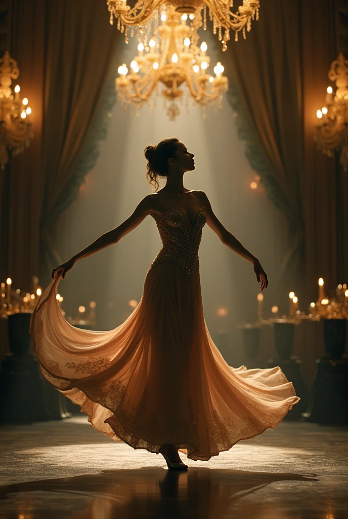 Central Figure**:
   - **dancer(a)**: ful dressed(a) with an elegant and dramatic outfit, in a pose that conveys intense emotion and sophistication. The movement should reflect the melancholy and drama of the music, with fluid and expressive movements.

2. **fund**:
   - **enviroment**: A grand and elegant setting, with dramatic lighting and luxurious elements that create a sense of opulence and intensity.

3. **Additional Detail**:
   - **Lighting**: Dramatic lighting that highlights the costumes and accentuates the emotional mood of the dance. Theatrical lighting and shadowing effects to create an epic and immersive atmosphere.
