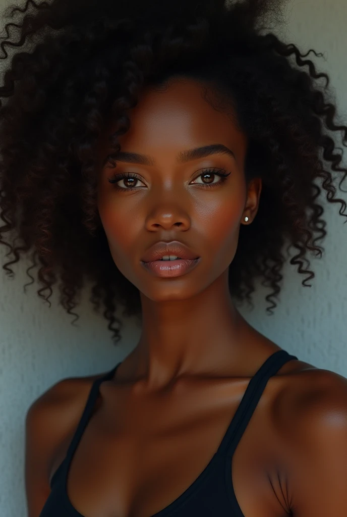 femme, antillaise, noir, Les yeux marron, cheveux afro frizzé longs, 25 à 33 ans ,porter un short sexuel ,visage de face