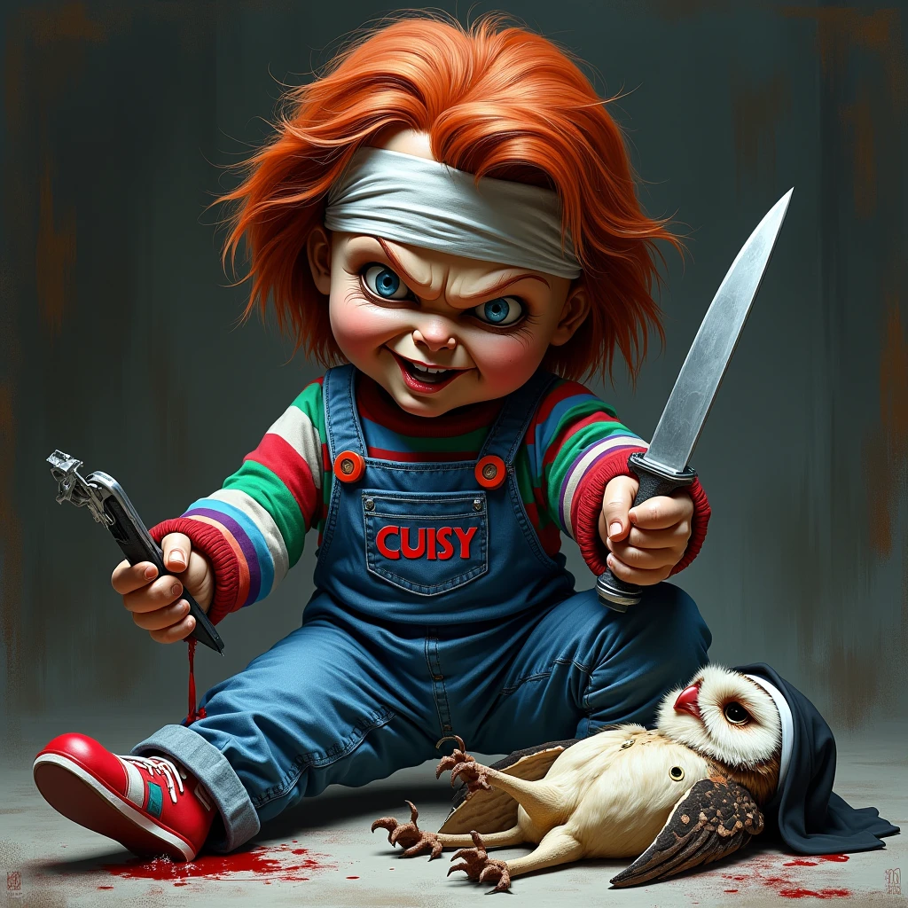 Chucky doll with orange Houston Astros cap, with his face all cut up and full of scars, smoking a joint and making a lot of smoke, with several cuban link chains around his neck holding an ak-47, orange background in the image