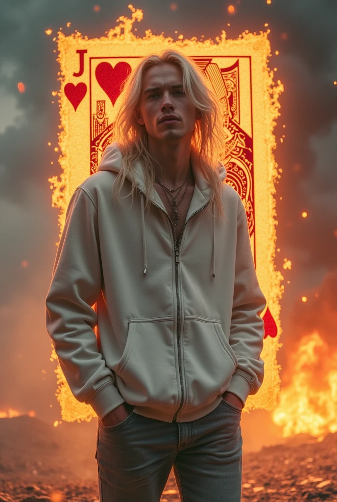 A half body, portrait of 3 German men long blonde hair of 21 years, blue leather jackets, background of chains, chain, more chains, many chains, , red, red fire, many background flames.