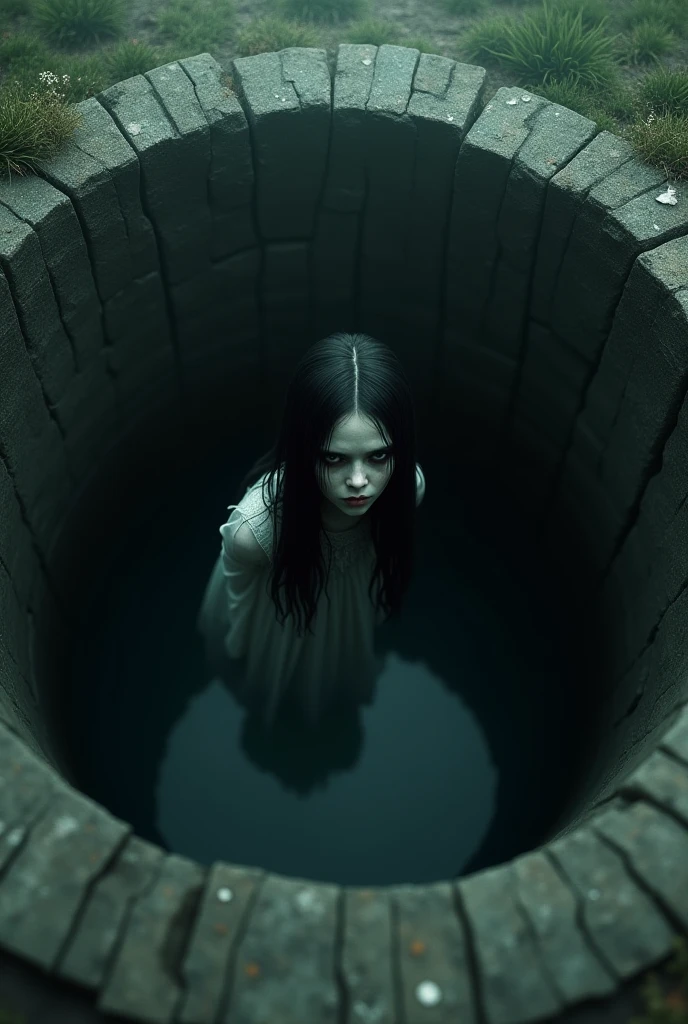 A large screen TV hung on the wall, the image on the screen was a murky pool, dark trees were sparse in the background, coming out of the pool and stepping out of the image on the screen was a woman dressed in tattered olive-colored clothes, her hands pulling the edge of the TV screen, as she pulled herself out of the screen and stepped onto the floor, water dripped onto the floor, long black hair dripping with water, pale face, dark eyes, very realistic**