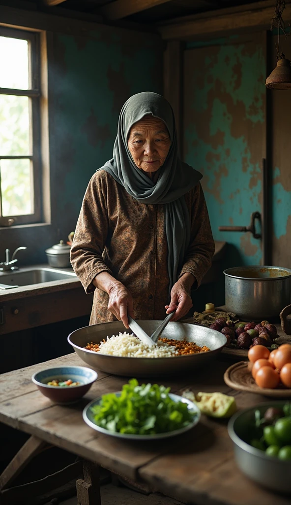 (Photorealism 1.2) high detailed definition cinematic cinematography old malay women wearing hijab appron wrote masak APA Hari NI? cooking at the kitchen old rusty wood house smoke effect fire flame on smile face expressions smoke effect sunlight silhouette at window