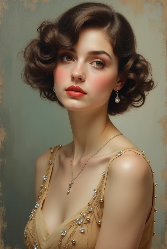 Elegant woman, short curly brown hair, foylard autour du coup