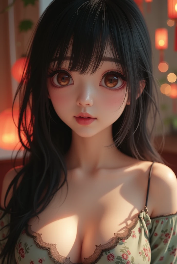 20 year old woman with cute Japan、Long black hair with bangs、White floral underwear、Random Pause,
