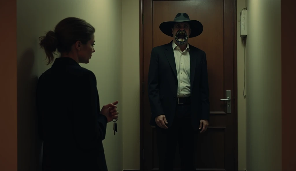 A lively gangster with a turtle face in a black suit looking at large breasts in front of him. 