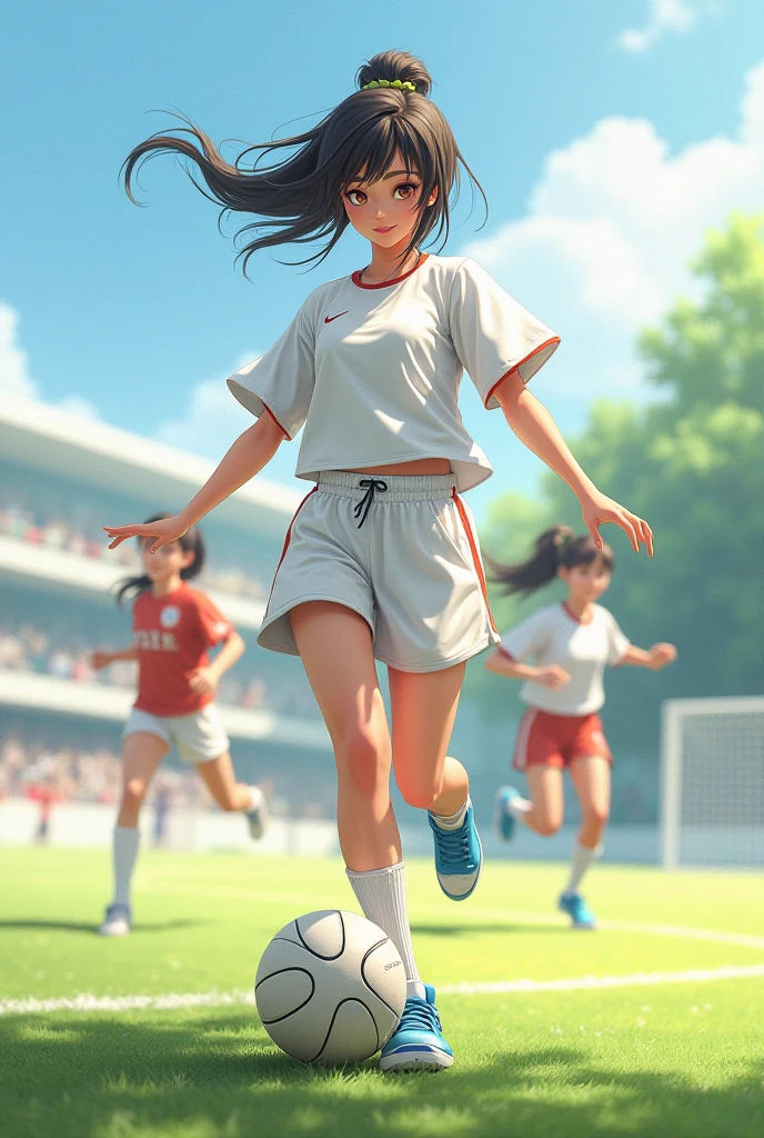 14 year old girl playing soccer in skirt