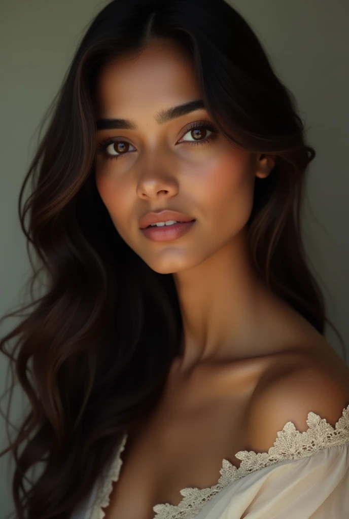 She is a woman with warm brown skin, reflecting light with a soft glow, almost like a caress for the eyes. Her hair is dark and wavy, cascading loosely over her shoulders, framing a face with well-defined and harmonious features. Her brown eyes are deep, with an intensity that reveals both strength and vulnerability, always attentive, observant, carrying a light that illuminates her expressions.
Her body is sculpted with delicate yet powerful curves, exuding a sensuality that is both natural and irresistible. Every movement is a study in grace and balance, as if she dances with each step, expressing a femininity that is innate and authentic. She dresses elegantly, knowing how to highlight the best in herself, without ever being excessive. Her sensuality lies not only in her appearance but in the way she speaks, behaves, and connects with others.
Her voice is soft yet firm, carrying a melody that is both soothing and captivating. When she speaks, there is a confidence in her words that reveals a woman who knows her worth and what she wants from life.
Her gestures are always measured but not cold, carrying a charm that enchants those who observe her. When she smiles, it's as if the world around her gains more color, more life, more warmth. She is a woman who inspires admiration and desire, not just for her physical beauty but for the strength of her personality, the intelligence that shines in every conversation, and the kindness she shows in her actions. She is, without a doubt, a remarkable presence that leaves a lasting impression on all who have the privilege of knowing her.
