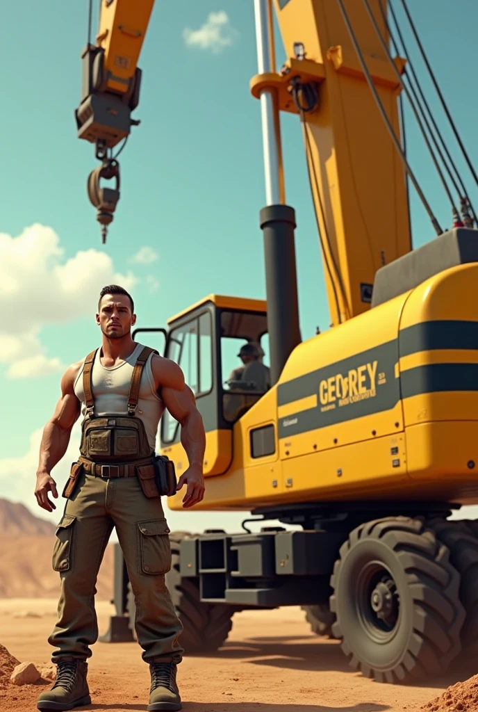 A strong man next to a mini wheel loader