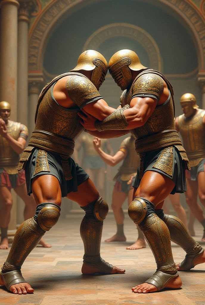 (masterpiece), best quality, highly realistic, detailed image of three men, (beautiful, muscular, tattooed, ginger, naked, wearing a tiny golden metal loincloth), wearing massive heavy golden metal chains at his wrists biceps and neck, golden chest armour, golden torc, full body image, seen from a low angle, on a darkened background