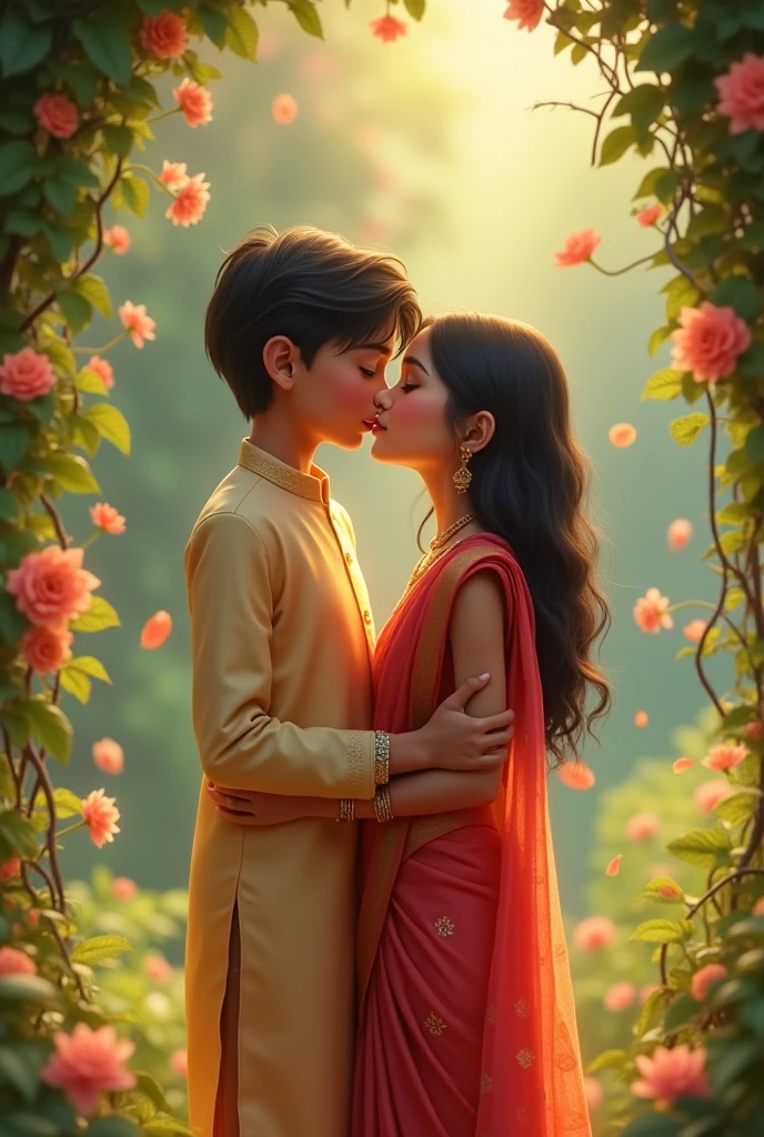 create an image of hindu girl with muslim boy hug with love