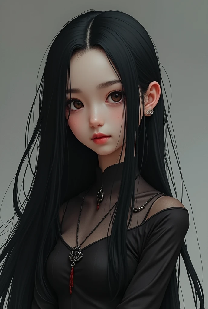 there is a woman with long black hair posing for a picture, photorealistic anime girl rendering, 3 d anime realistic, Guviz-style artwork, Realistic young anime girl, detailed long black hair, render of a cute 3d anime girl, Anime girl wearing black dress, anime styled 3d, Realistic anime 3 D style Gao Leng with a slightly contemptuous look
