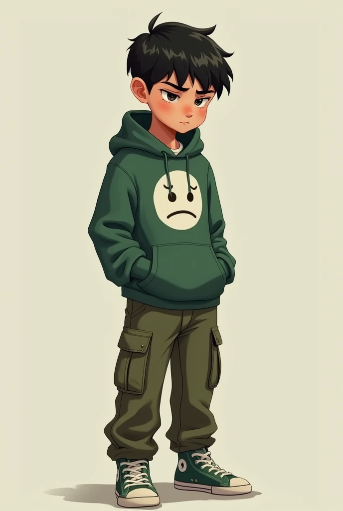 A 3D full-body model of a young boy, front view, look sad, on a greenscreen background.
