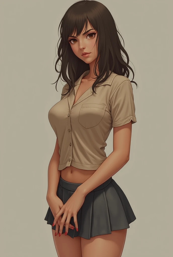 (best quality,realistic,sharp focus),1mujer, piel blanca, ojos verdes, sumisa, cuerpo completo, curvy, cuerpo muy sexy,classmates,casual ,beautiful young girl,white skin,curly black hair,honey eyes,complete body,wearing a plaid skirt,wearing a tie,provocative gaze,concentrate on the cleavage,slender physique