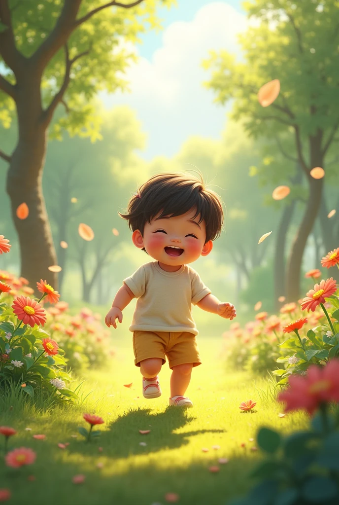 an animated child strolling in a park