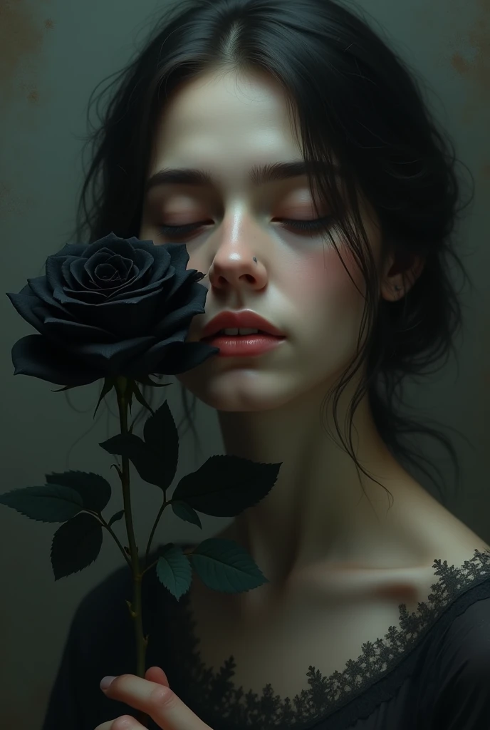 Aristocratic girl, brown hair, blue eyes, White skin, with a serious expression with a tear coming out of his right eye, holding a wilted flower, with blood, in a large ballroom