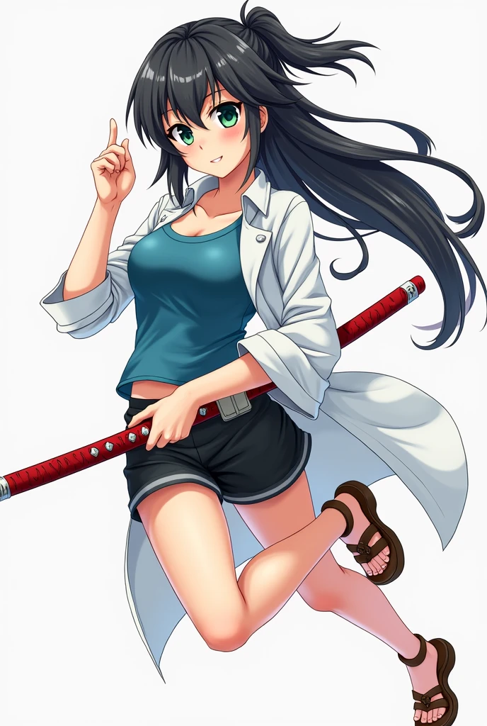 a manga cover , The protagonist is , black hair with white highlights, a white blouse, a blue tank top , black shorts and brown sandals , She has a red and white katana and green eyes, she has to be in a fighting pose or a nice pose