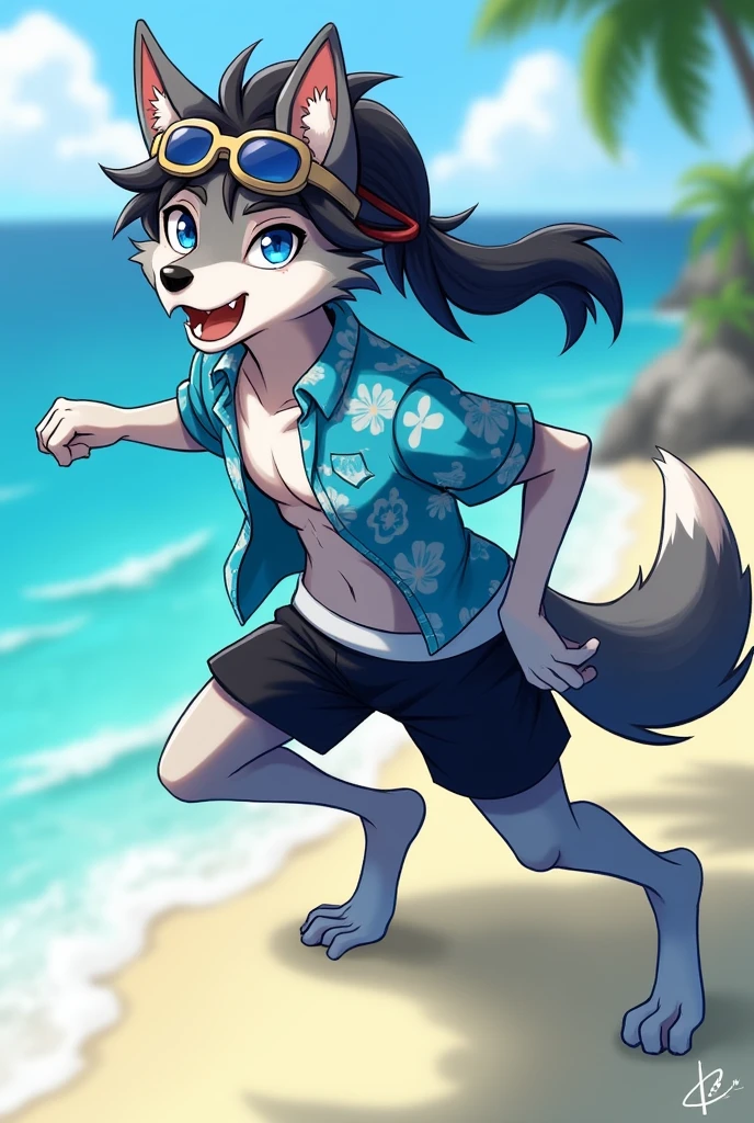 Furry shota, wolf, black hair, long spiky ponytail, blue eyes, detailed body fur, ((goggles, blue hawaiian shirt, open clothes, black swim trunks)), looking at you, fangs, clear grey body fur, detailed face, big eyebrows, detailed eyes, detailed body, detailed body fur, detailed hands, flat body, glistering body, shiny body, skinny, glow throughout the scene, gorgeous body, solo, :3, feets with three toes, full body, (wink, one eye closed), beach, clear sky, adjusting goggles,