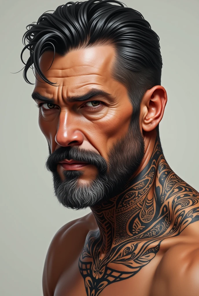Oliver was a man in his early 40s., his appearance was good for his age, His short beard was well-groomed and his hair was black but with some white streaks due to age and some gray hairs appeared in his beard., he was tall and muscular despite having some scars on his body
