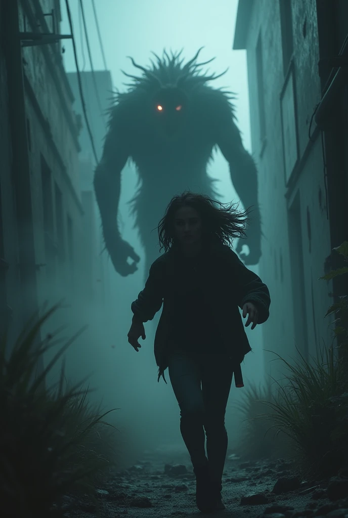 A dark shadow following a woman in night