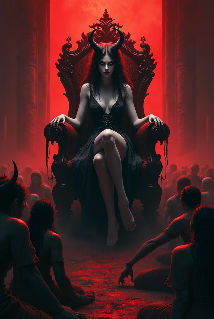 there is a girl sitting in a chair with a bunch of evil horned demons, blood covered zombies behind her, still from a live action movie, alexey egorov, inspired by Gottfried Helnwein, music video, still from the movie, movie promotional image, scene from live action movie, valentina remenar, sitting on a metal throne, official artwork, award winning movie still