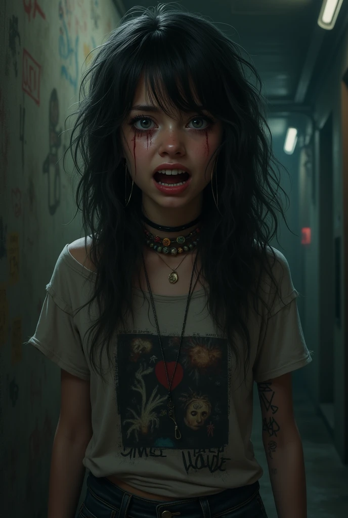 score_9, score_8_up, score_7_up, score_6_up, score_5_up, score_4_up, tag1, tag2, realistic photo from the waist up, zombie man, scary face, skull bones are visible, eye sockets are caved in, rotten skin, torn T-shirt, looking at the viewer, gloomy light passes through the hair, dark lighting, little light, dim light, depth of field, bokeh