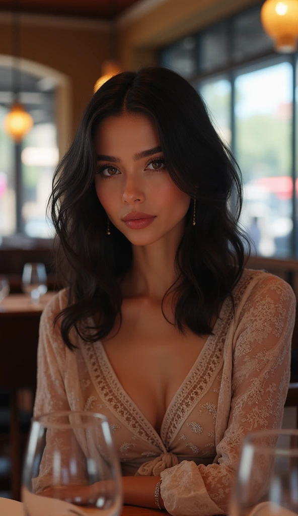 latina woman, 30 years old, large breasts, large nipples, wearing a plunging neckline sweater, sitting in a cafe, sensual, no hat, (best quality,4k,8k,highres,masterpiece:1.2),ultra-detailed,(realistic,photorealistic,photo-realistic:1.37),chiaroscuro lighting,warm color tones,detailed facial features, beautiful detailed eyes, beautiful detailed lips, extremely detailed eyes and face, long eyelashes, detailed clothing texture, intricate cafe interior, natural lighting, cinematic composition