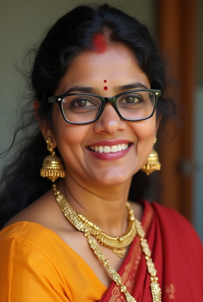 Middle age Tamil woman wearing saree and specs and little bit tired