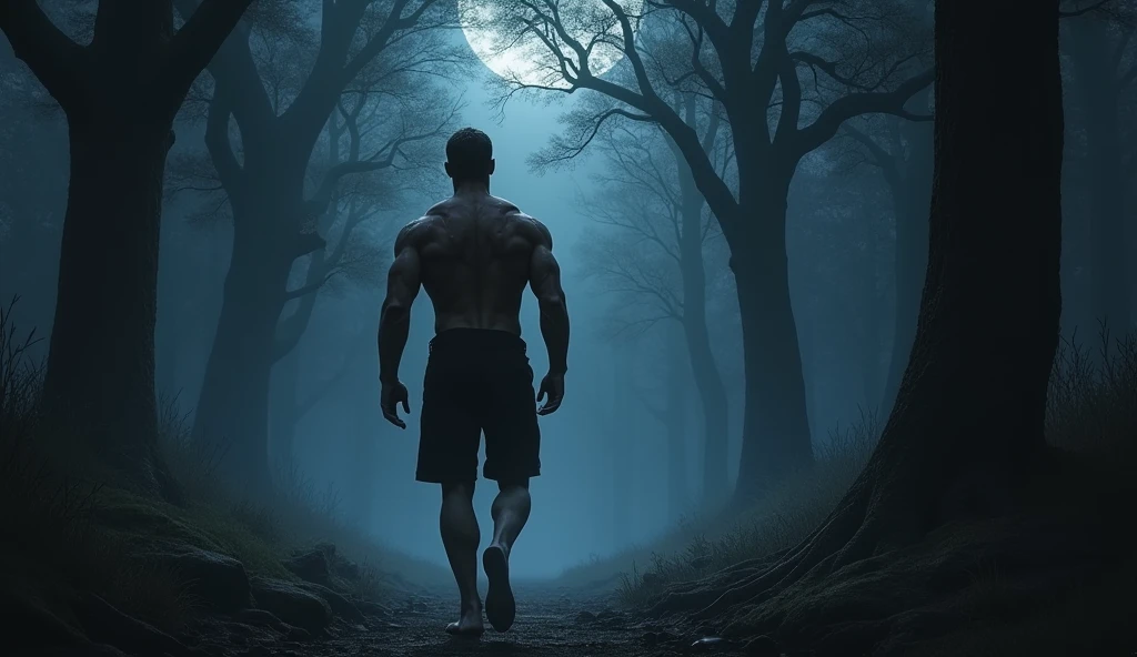 The silhouette of a man with a good back physique walking through the rain with lightning falling in the skies and the forest 