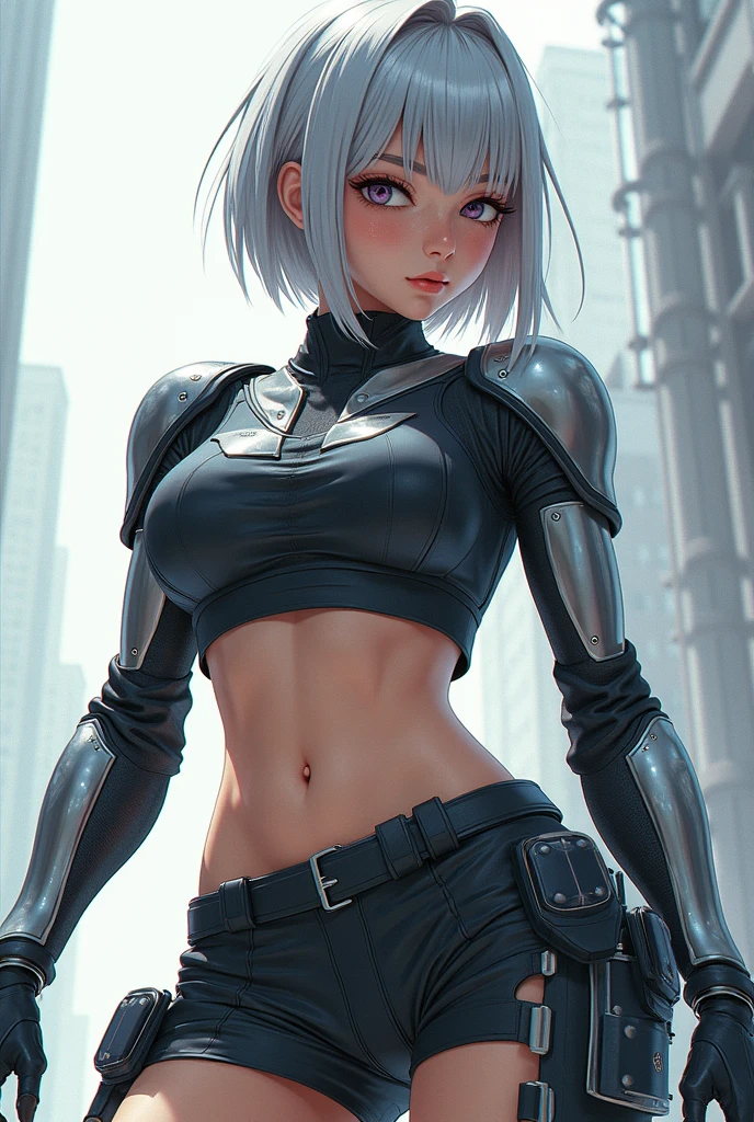 Rosto de Marie Fredriksson (Roxette) aos 30 anos, jaqueta de couro branca, Tactical Black Cybernetic Body, Pose de ataque, hdr, modelshoot, de fundo cidade futurista iluminada, fotorrealista, 8k, corpo proporcional, olhar para o expectador, sorriso incrivel, standing on, Nokia camera, Fuji Camera