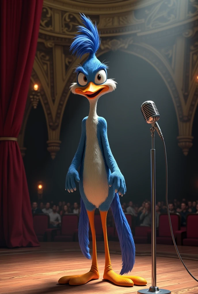Berdly, Berdly Deltarune, (masterpiece, high-quality, highres, 4k:1.0), bird boy, anthro bird, bird, (male, 1boy, femboy:1.0), fluffy chest, penis, ballsack, blue body, glasses, (smirk, smug), (thin waist, curvy waist, curvy, feminine body), standing, blush, POV, dancing, dancing with viewer, bust, looking at you, stage, theater, white suit, long sleeves, smile, (furry crowd)