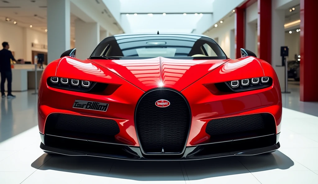 Front view of painted Red with shiny colour 2025 Bugatti tour billion sleek in large shape sedan in large size with Bugatti logo on its large detailed grille in shiny black colour with angular sporty design captured from close front view with modified sleek backlights & with a “Bugatti” logo and with modified cutting edge technology with a plate called “Tour billion” with in a Luxury bright showroom with white gleamy floor Quality,with two rectangular exhaust “ with very low suspension of car that touches showroom surface Super Detailed, and shining of showroom falling on car surface
