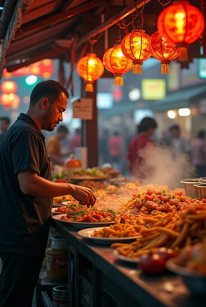 a bustling street food stall, fresh and savory delicacies, vibrant colors, enticing aromas, dynamic crowd, lively atmosphere, street vendor, assorted street food, sizzling cooking, mouthwatering textures, atmospheric lighting, gritty urban setting, cinematic composition, detailed rendering, photorealistic, warm color tones, dynamic perspective, 8k, highly detailed, masterpiece