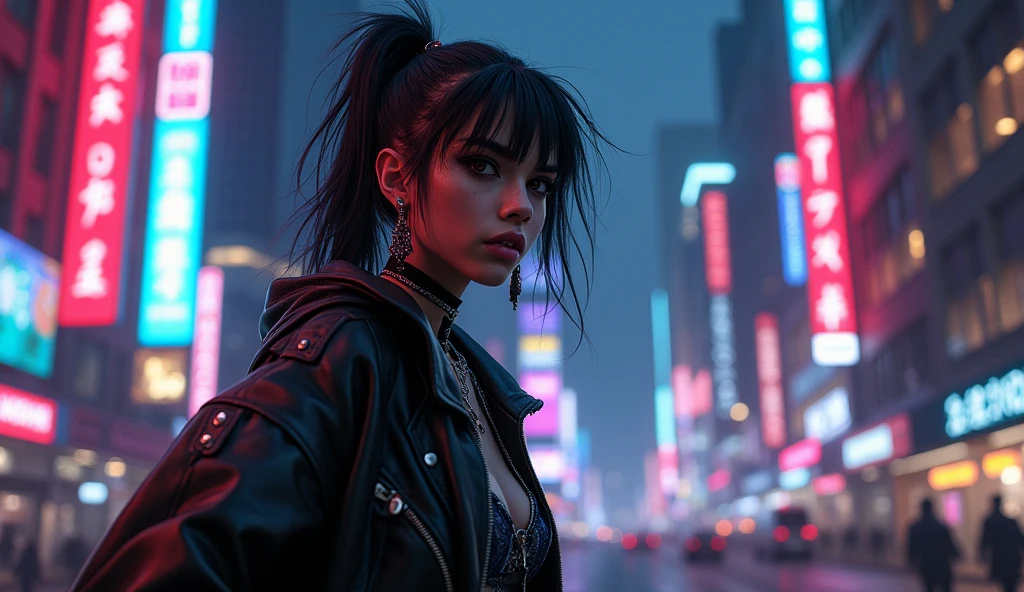 Tumblr-style city photoshoot with the Canon EOS Mark V, - 80mm anamorphic lens, ISO 100, Shutter speed 1/1450s, Autofocus perfectly captures the depth between shots, ultra sharp image, Perfect contrast and color, sunset time, A cyberpunk city with a futuristic atmosphere with neon lights in the background, The model is the incredible actress Riley Reed, boldly posing, A well-defined face, Well-detailed, honey-colored eyes, Various tattoos on the neck, Face and hands, Ultra contoured hair line by line, Perfect tanned skin, reflecting the dim light of the sunset, Super sexy photography, Make the look natural and casual, 
squatting, (front view:1.5),