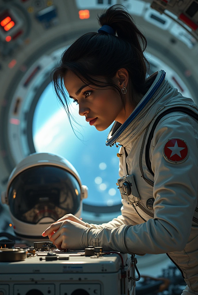 space mechanic, beautiful indian woman, holding wrench, fixing space ship, working on spaceship with space helmet on