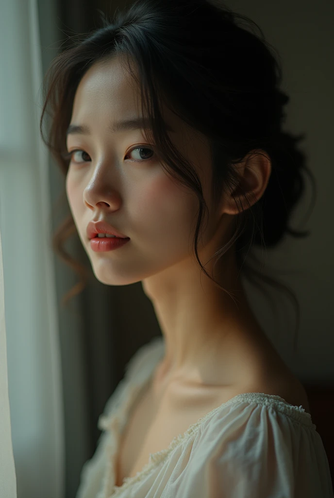 An elegantly dressed Japanese woman in natural light、A close-up of her chest and calm expression.、It shows her inner peace and outer charm.。