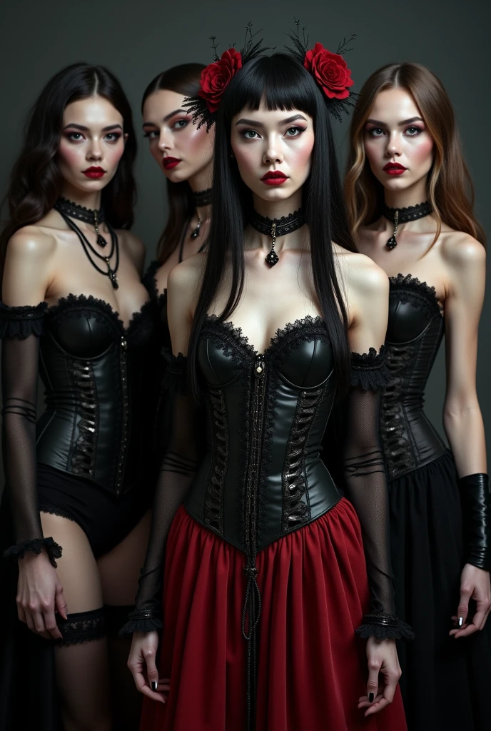 a stylish emo pale gothic woman in black velvets, lace, fishnets and leather tinged with scarlet or purple, accessorized with tightly laced corsets, gloves reclining while laying flat, with multiple girls swooning all over her, (best quality,4k,8k,highres,masterpiece:1.2),ultra-detailed,(realistic,photorealistic,photo-realistic:1.37),HDR,UHD,studio lighting,ultra-fine painting,sharp focus,physically-based rendering,extreme detail description,professional,vivid colors,bokeh,portrait,high fashion,elegant,glamorous,cinematic,dramatic lighting,moody,mysterious,sensual,sophisticated
