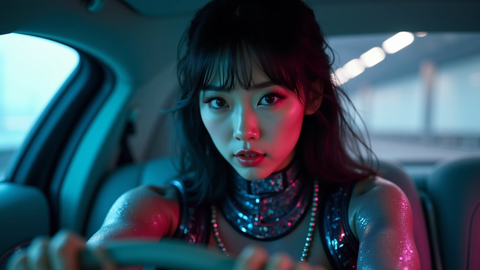 8k Beautiful Asian woman in futuristic clothes, in the porsche cayman gts rally, with a neon color behind
