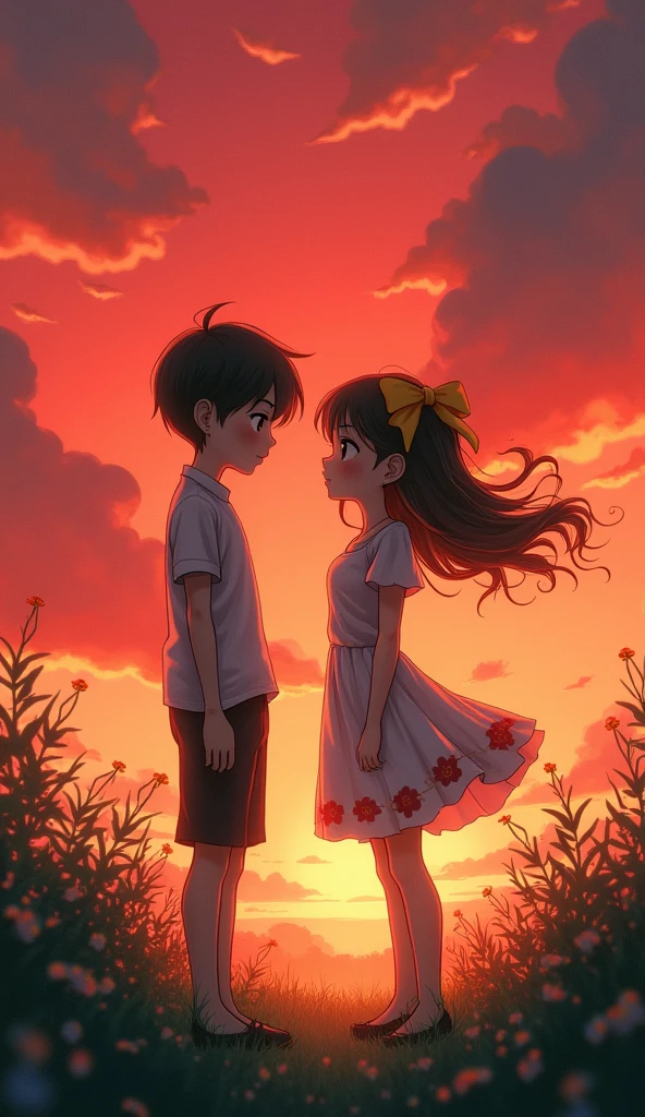 fanart; 1girl, 1boy, dress, outdoors, red sky, yellow bow,, ultra detailed