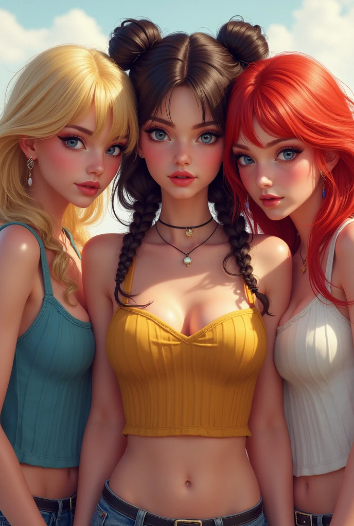 The image depicts a captivating and colorful digital illustration of three women posed closely together against a dark backdrop. Each character is distinct in their own right, showcasing a blend of modern and fantasy elements that are visually striking.

The First Woman stands confidently at the center, her vibrant red hair cascading in large, intricate braids over her shoulders. Her face exudes charm with a cute, nerdy appeal, adorned with glasses that emphasize her captivating eyes. She wears a golden necklace that glistens against her smooth skin. Her topless appearance reveals large saggy breasts with notable puffy nipples, her cleavage accentuated as she bends slightly forward. Water droplets glisten across her skin, highlighting a wet and glossy effect. Her pose is both inviting and relaxed, with an emphasis on the gentle squeeze of her bosom.

The Second Woman is positioned to the left, slightly behind. She has long black hair, sleek and straight, flowing down her back. Her features are elegant and classic, with a subtle smile that complements her poised demeanor. She is draped in a flowing garment that partially reveals her slender figure. The interplay of shadows enhances the allure of her mysterious appearance.

The Third Woman on the right sports a unique look with short, choppy pink hair. Her style is playful and energetic, reflected in her vibrant clothing that contrasts with the other two. Her expressive face, framed by bangs, is lit up with a mischievous grin. Her presence adds a youthful dynamism to the trio, balancing the scene with an energetic flair.

The entire composition is focused on the central character, with a close-up view that emphasizes her facial features and upper body. The dark background further highlights the intricate details of their appearance, bringing out the rich colors and textures in their clothing, skin, and accessories.