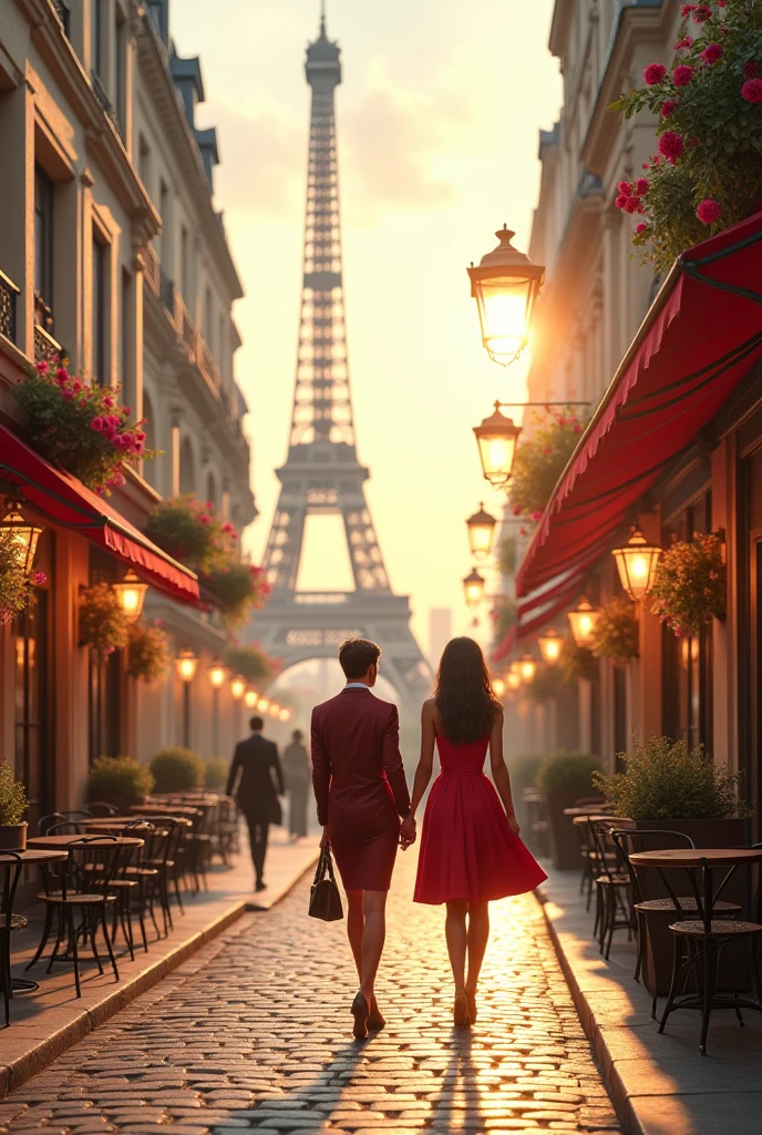 Young couple holding hands in the streets of Paris at the time of sunset enjoying a view of Eiffel tower Eiffel tower.