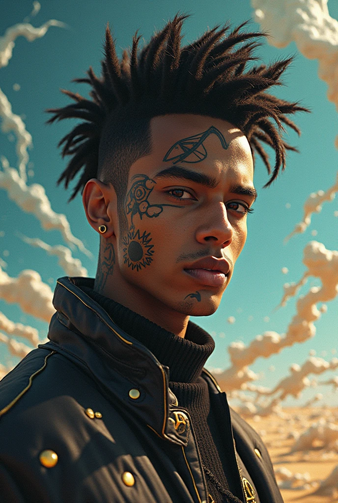 Um traper com dred roxo, shirtless with tattoos, it's stylish, at 22 years old without a beard, the United States singing, do it in the van gogh style