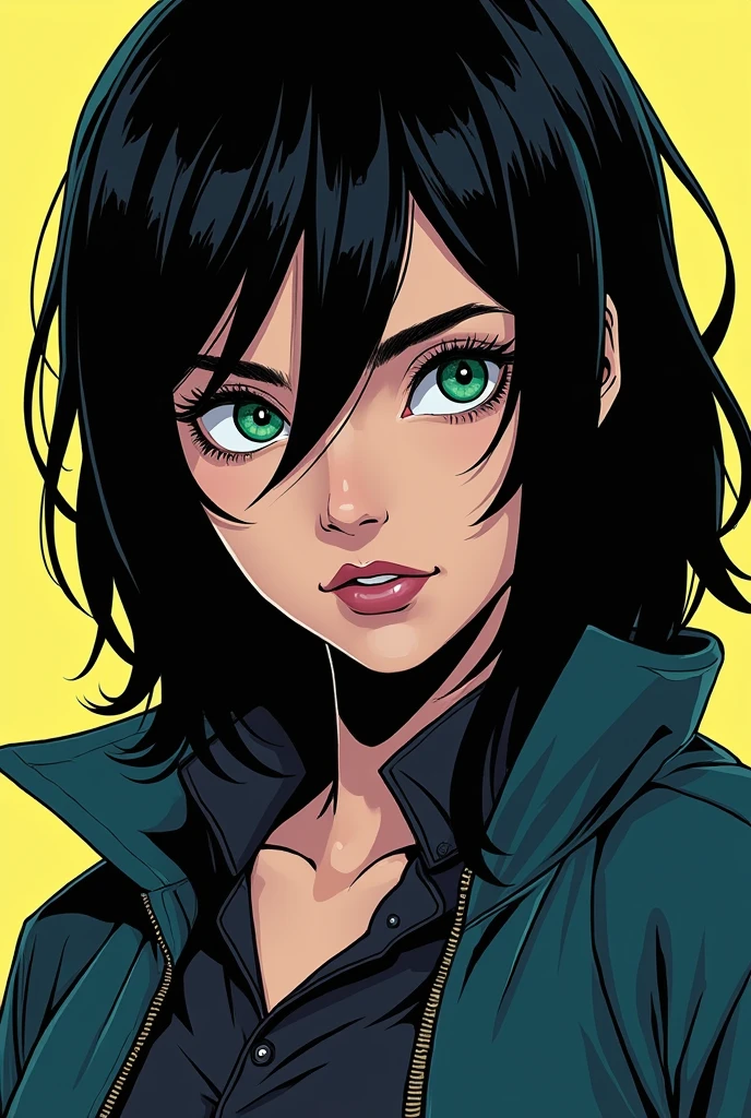 Jojo's Bizzare Adventure anime-style comic panel. White Girl, black hair, Green eyes
