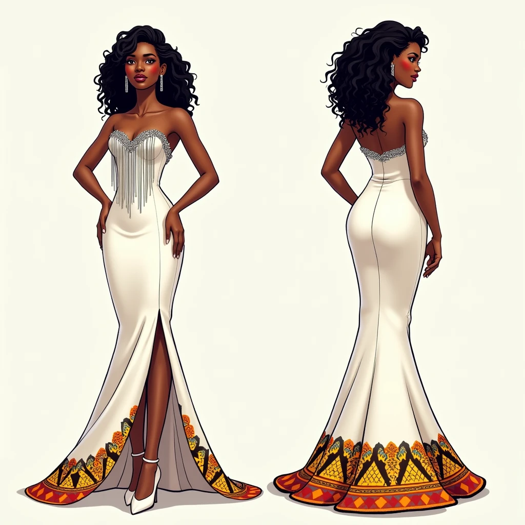 Masterpiece, Best Quality, High Resolution,Super High Resolution, Ultra realistic, Line art, coloring book of fashion model, Afro, extremely gorgeous, heart face, bold look, Stunning beauty, large butt, wide hips, full lips, spicy hot, Curvy figure, freckles 0.1, beauty marks, African couture dress, 