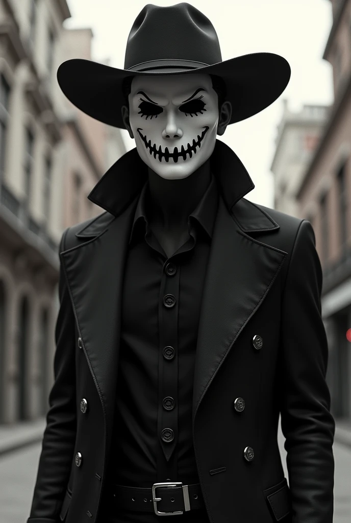 man wearing zentai and full skull mask on a street