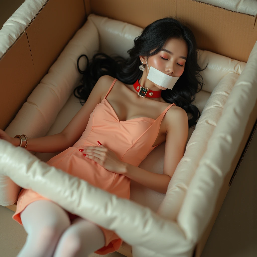 (Top Quality, High Resolution, 8K, Masterpiece: 1.2), (Realistic, Photorealistic: 1.3),High Refractive Index: 1.2, Film Grain, Blurry Bokeh: 1.2,1 Girl, (Bright Color: 1.2), (Delicate), ((Scary, overflowing tears, surprised))), ((Girl lying in a box, Curled hair, Girl in a box)), (Curled up, from the side, from above, tied arms, arms behind), ( ((Blindfold))), (Mouth wide open, tongue), Akkanbe, tears running down the cheeks, short red hair, torn clothes, big tits, wet skin, collar, choker (gift box girl), full body, bondage, in the box, bandage, present, ribbon, look at the viewer, blush, toys, garter belt, christmas, gift box, tied wrists, ribbon bondage, Cream, restraint, drool