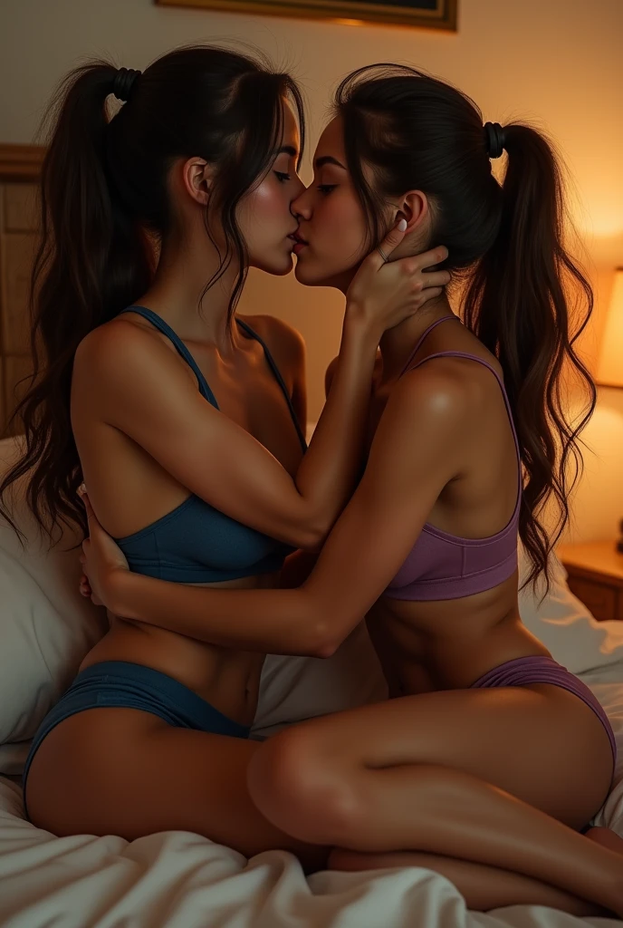 2 luscious woman with generous curves, kiss other, student Swimsuit outfit