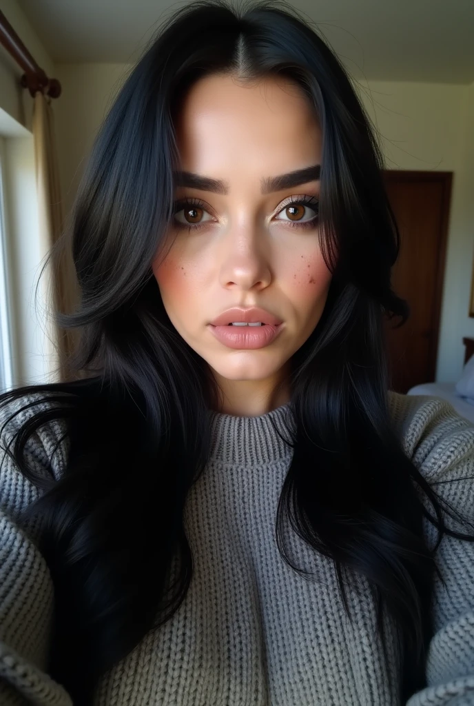 calidad, Nicki, 1 chica, solo, golpes, fondo sencillo, pelo negro, pelo multicolor, dientes, blunt golpes, constituir, Fondo de un motel, realista, chaqueta abierta, lipstick, delineador de ojos, pelo de dos tonos, Labios partidos imagen de cuerpo completo,foto muy realista vistiendo una sudadera negra y boxers negros