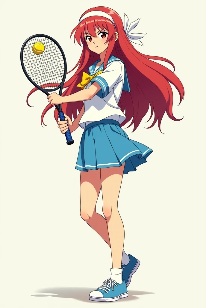 White tennis wear、White skort、Pink hair、Yellow hair band、Tennis court、tennis racket、smile