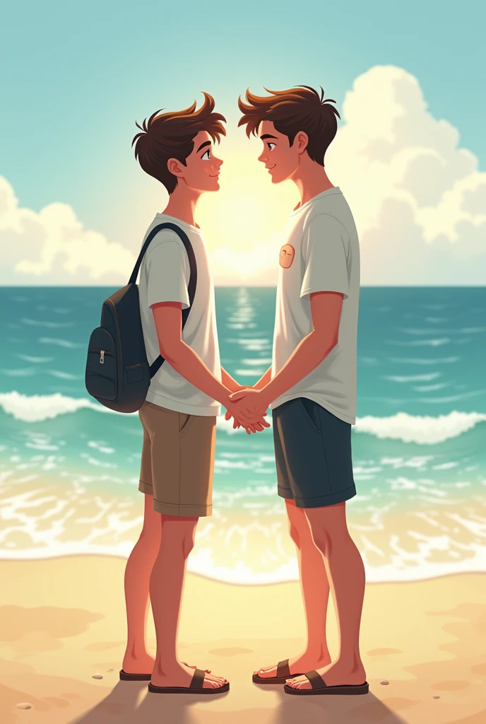 Gay couple back to back on a beach holding hands